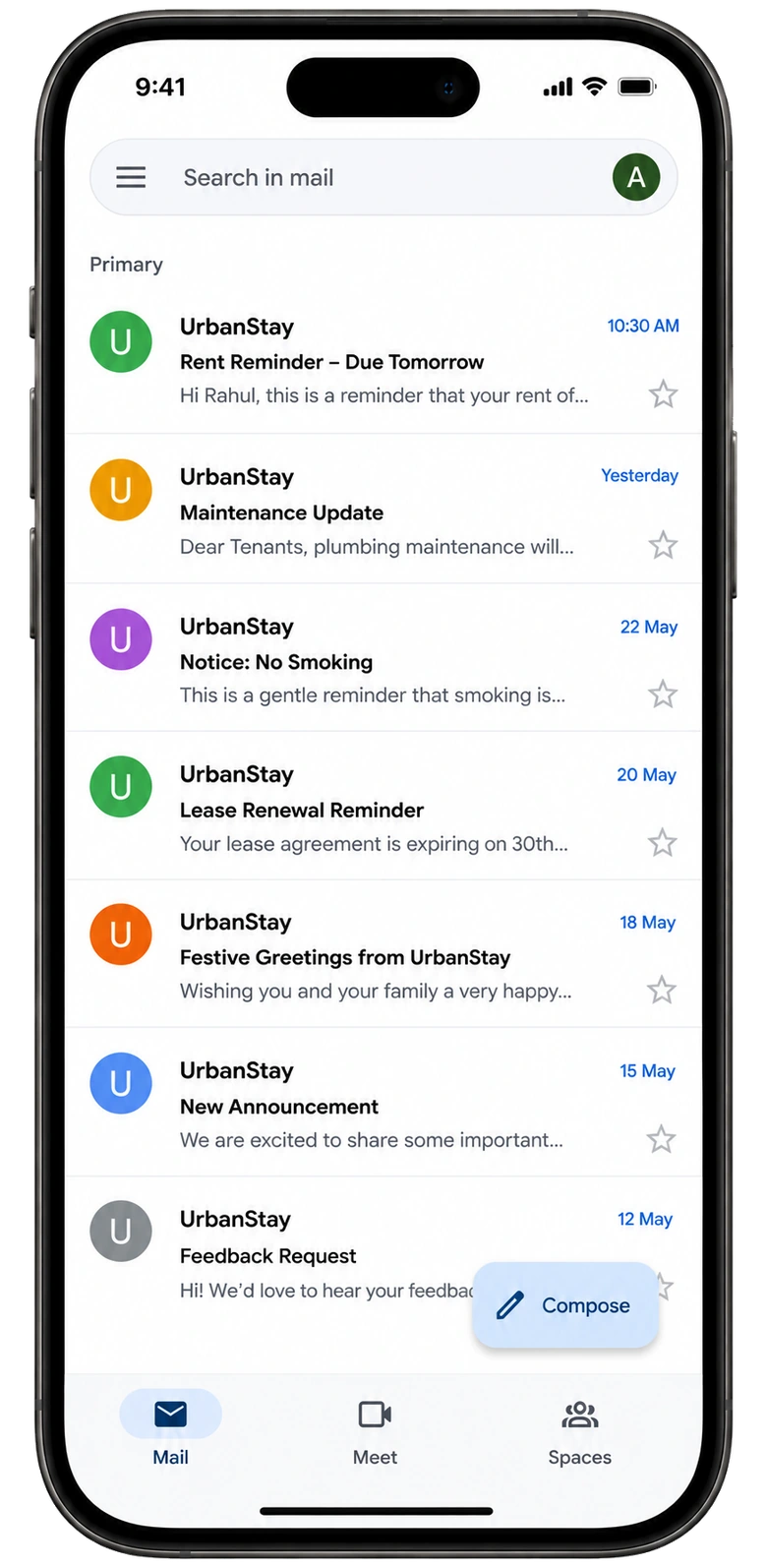 Tenant inbox showing automated UrbanStay emails for rent, maintenance and notices