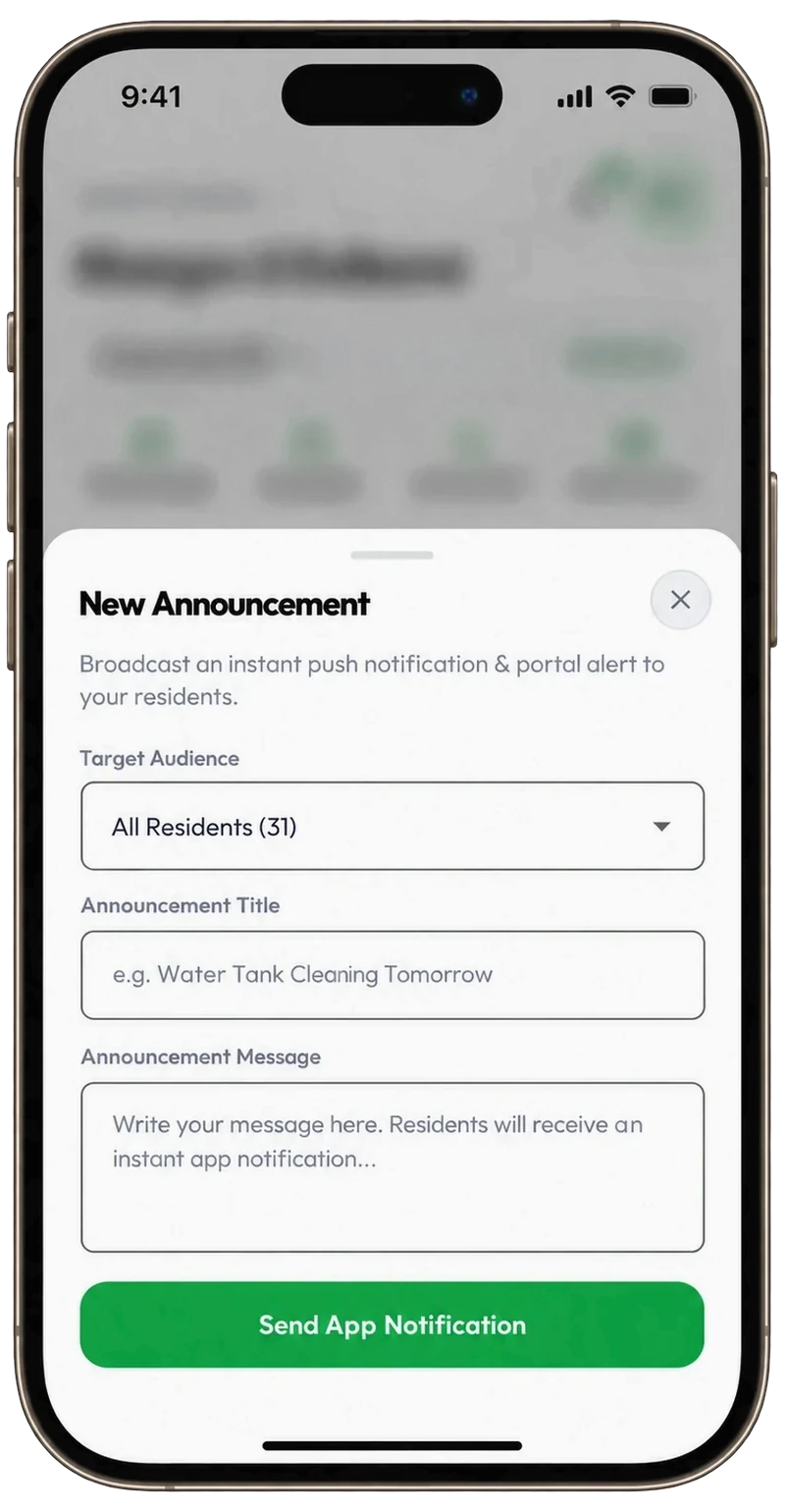 New announcement screen to broadcast a notice to all residents of a PG