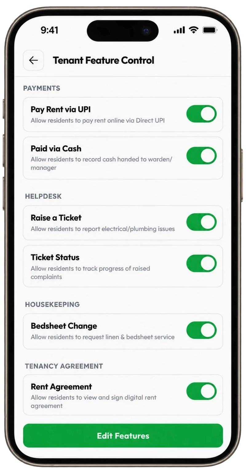 Tenant feature control screen with toggles for UPI payments, cash records, complaint tickets and rent agreement