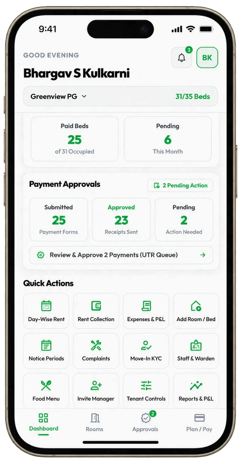 UrbanStay owner app dashboard showing paid beds, pending rent and the UPI payment approval queue for a PG in Bengaluru