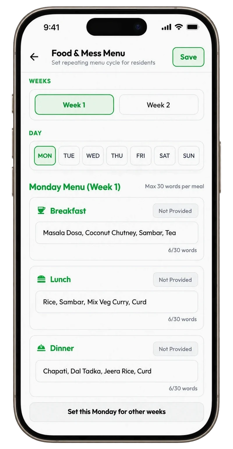 Food and mess menu editor with a two-week cycle and breakfast, lunch and dinner for each day